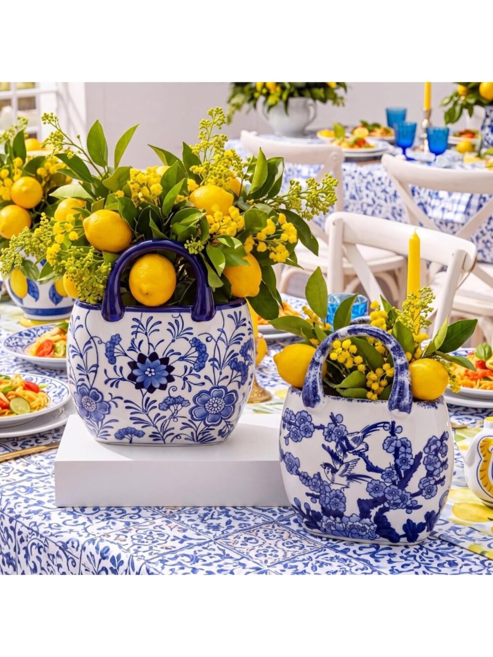 Set of 2 Ceramic Handbag Vases - Blue & White Floral Centerpiece for Home Decor